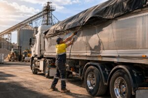 Truck operator manually adjusting a trailer tarp during loading operations in an industrial yard environment.